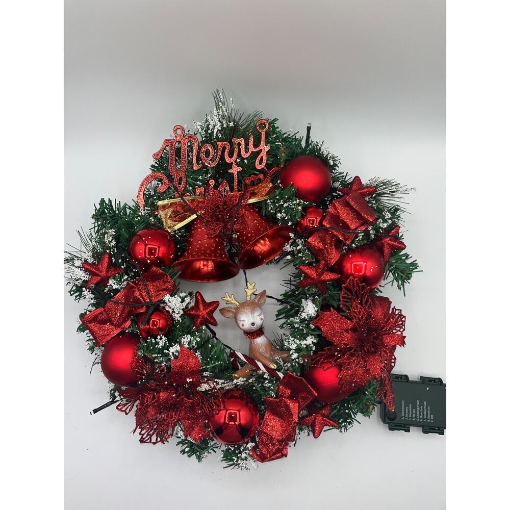 Pre Lit Merry Christmas Wreath with Twinkly Lights plus Reindeer Poinsettia Bell - Picture 9 of 16
